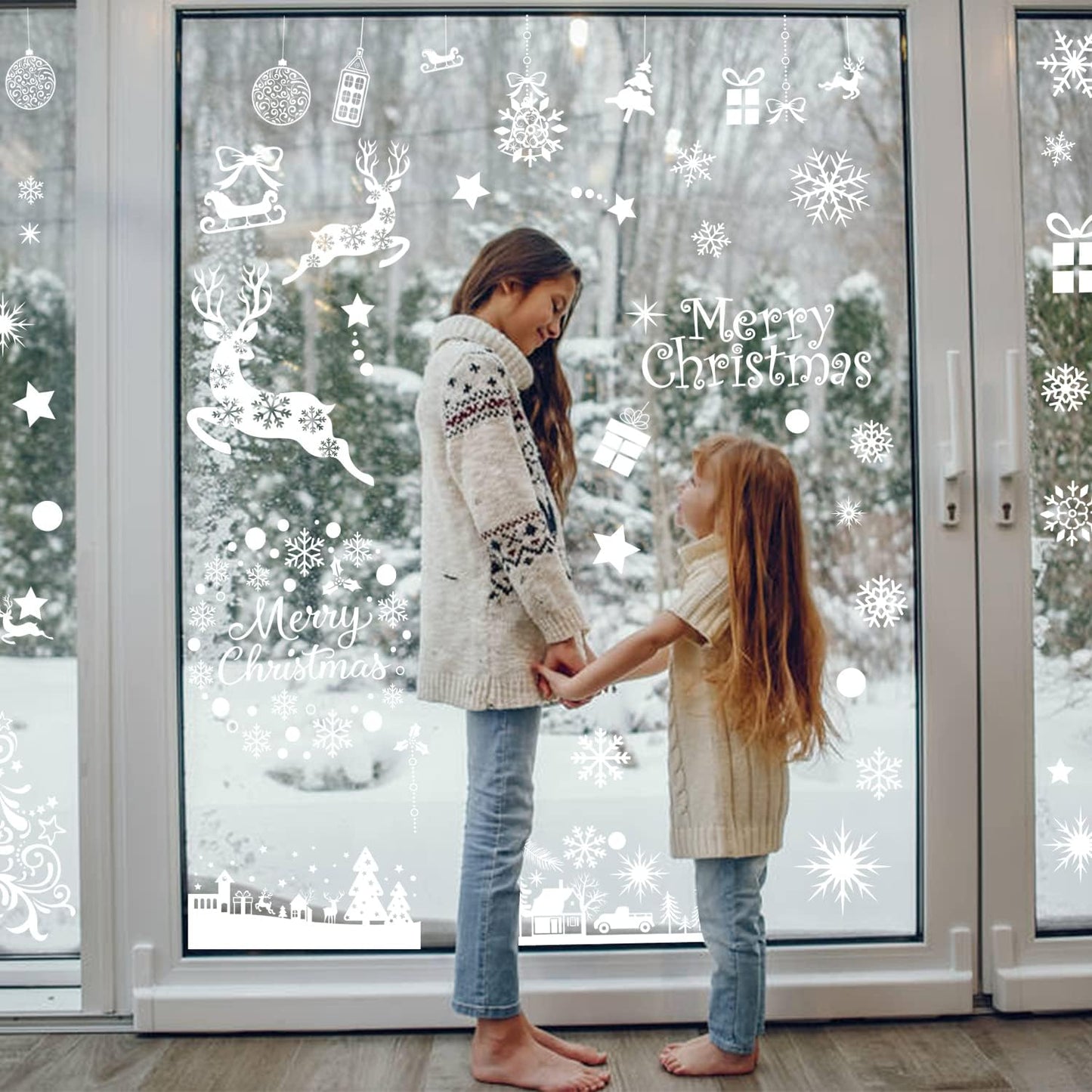 Large Christmas Window Clings, Xmas Window Stickers Holiday Santa Claus Reindeer Snowflakes Decal Decorations Double Sided for Glass Windows