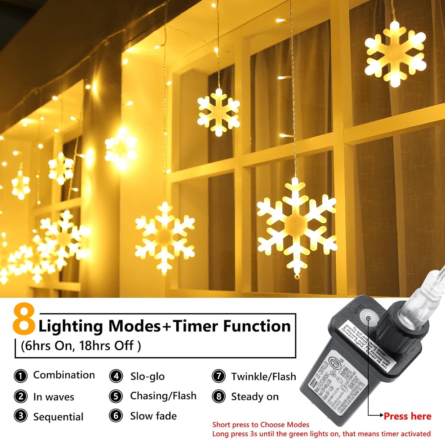 Toodour Christmas Snowflake Lights Outdoor, 17.22ft 264 LED Snowflake Icicle Lights with 22 Drops, Connectable, 8 Modes Waterproof Warm White Christmas Light for Curtain, Eaves, Window, Xmas Decor