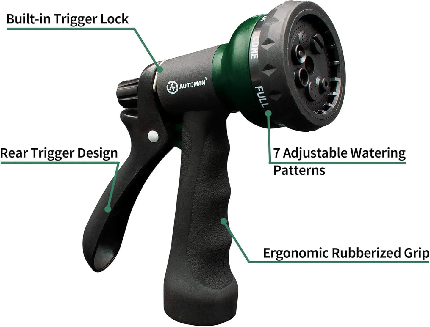 ABS Garden Hose Nozzle with 7 Spray Patterns, Slip-Resistant for All Uses