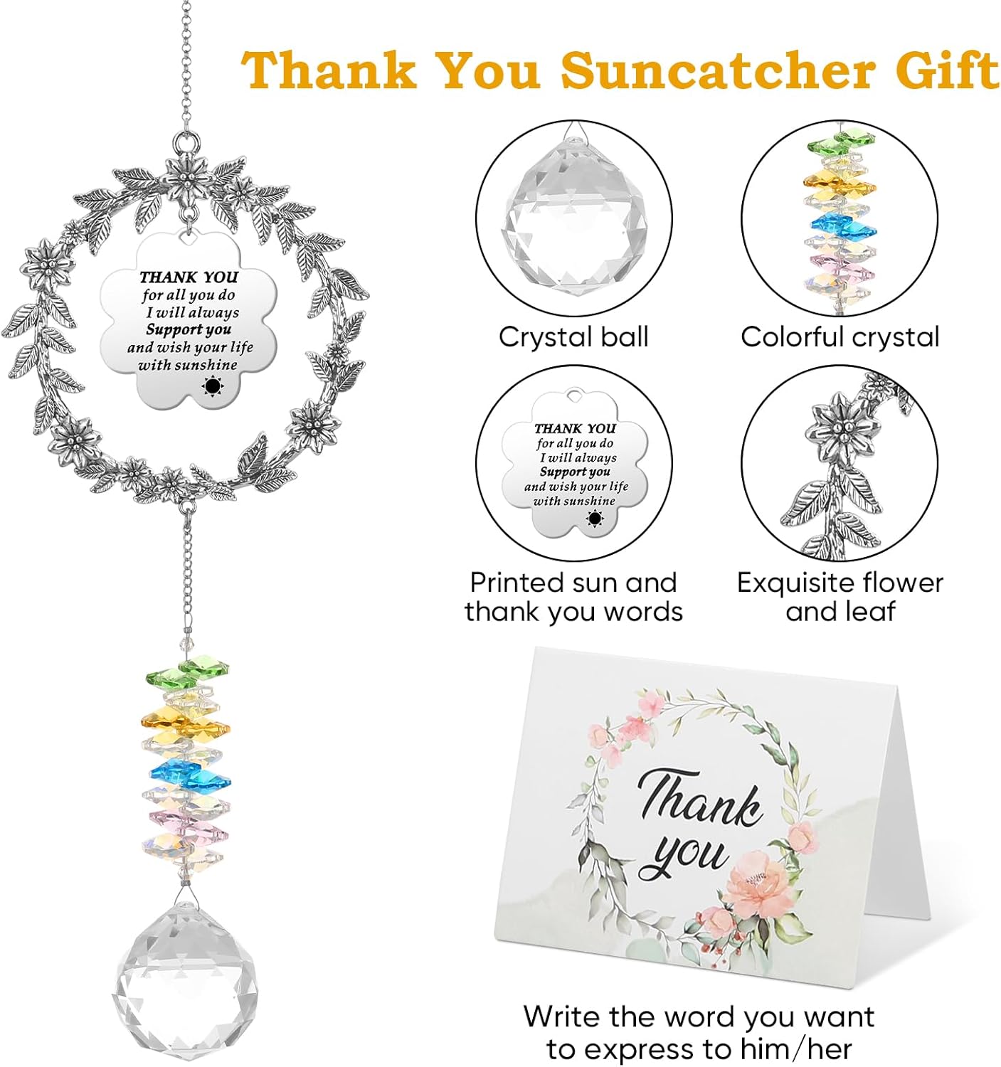 Thank You Gifts for Women Men, Sun Catcher Gift with Engraved Grateful Message, Hanging Crystal Suncatcher Ornament for Window Rainbow Maker, for Sister Friend Family Teacher