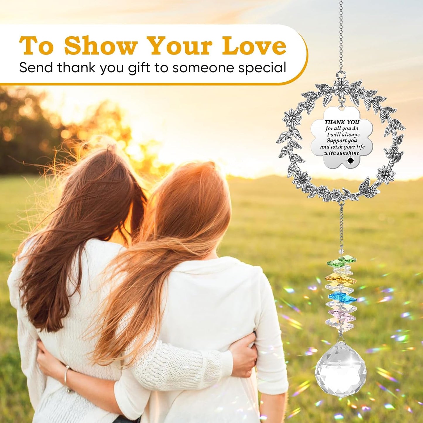 Thank You Gifts for Women Men, Sun Catcher Gift with Engraved Grateful Message, Hanging Crystal Suncatcher Ornament for Window Rainbow Maker, for Sister Friend Family Teacher