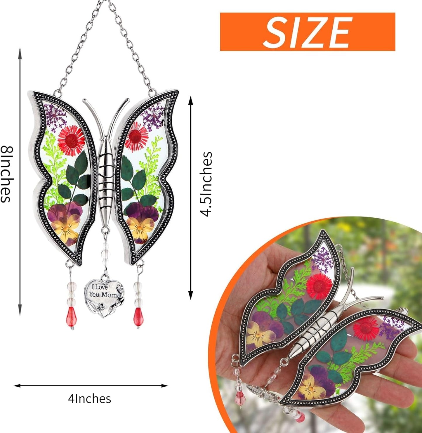 Gifts for Mom I Love You Mom Mother's Day Birthday Gift Butterfly Suncatcher Real Flower Glass Metal Beautifully Handcrafted to Capture The Beauty of Nature