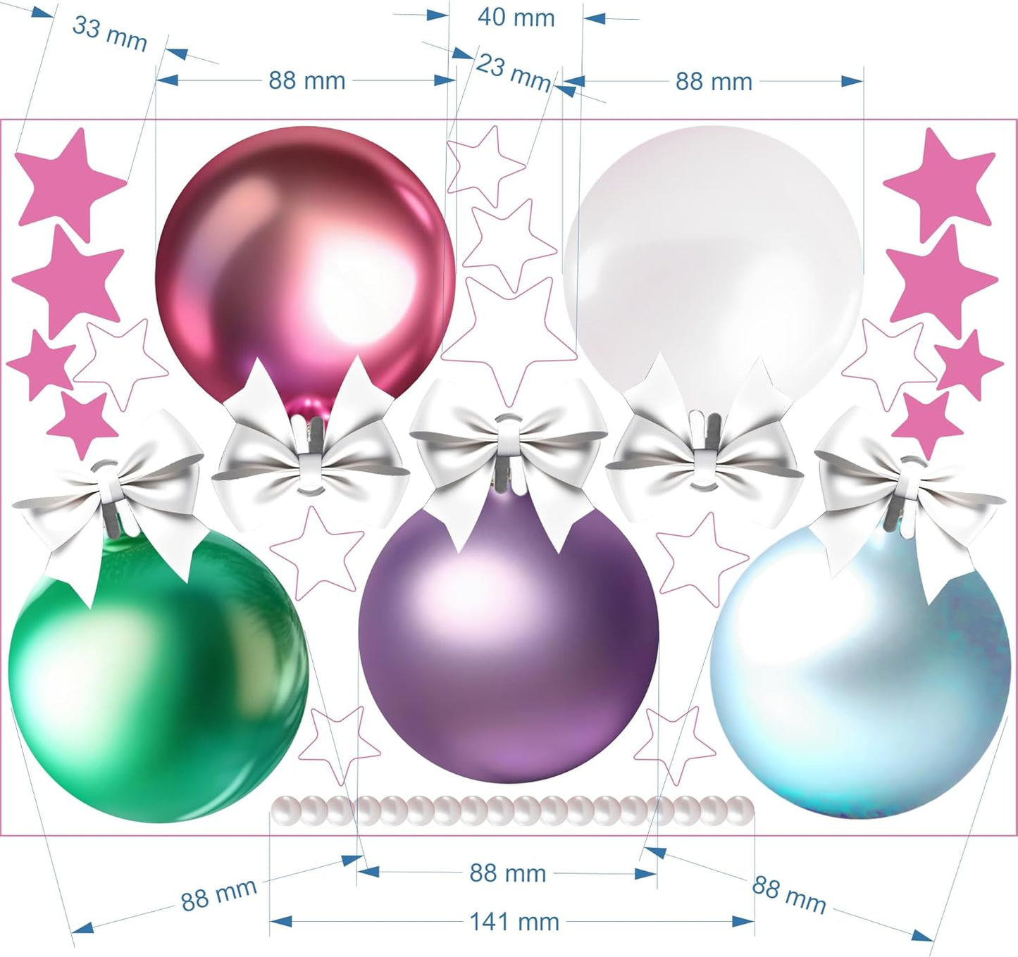 Christmas Bauble Snowflakes Window Decals Stickers for Glass, Large Xmas Designs Home Decorations Holiday Bling, DIY Mural Showcase for Office Business, Pastel Glossy Vinyl Decorations