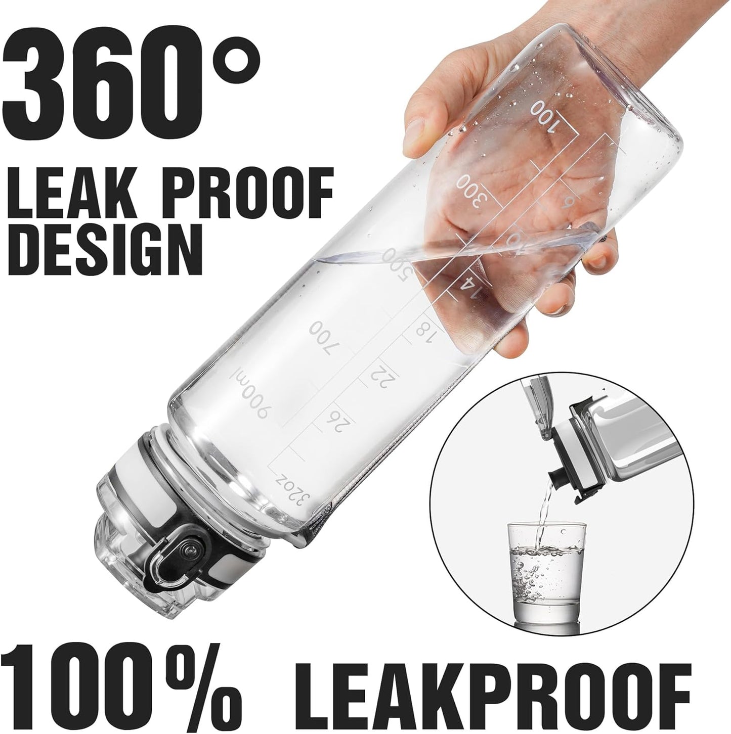 OLDLEY Water Bottle, 32oz Motivational Sports Water Bottle with Time Marker - Times to Drink - Tritan, BPA Free, Wide Mouth Leakproof, Clear (1 Bottle)