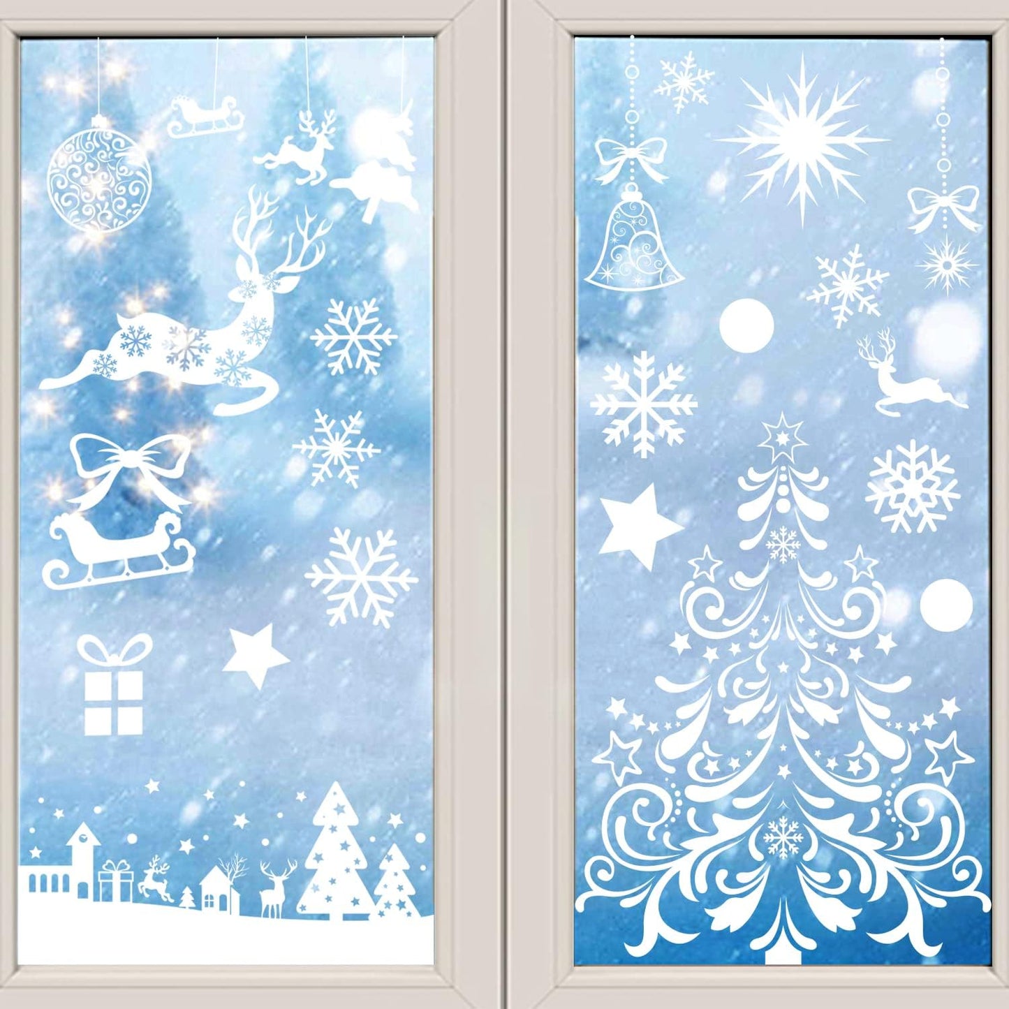 Large Christmas Window Clings, Xmas Window Stickers Holiday Santa Claus Reindeer Snowflakes Decal Decorations Double Sided for Glass Windows