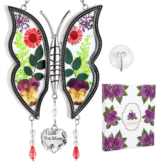 Gifts for Mom I Love You Mom Mother's Day Birthday Gift Butterfly Suncatcher Real Flower Glass Metal Beautifully Handcrafted to Capture The Beauty of Nature
