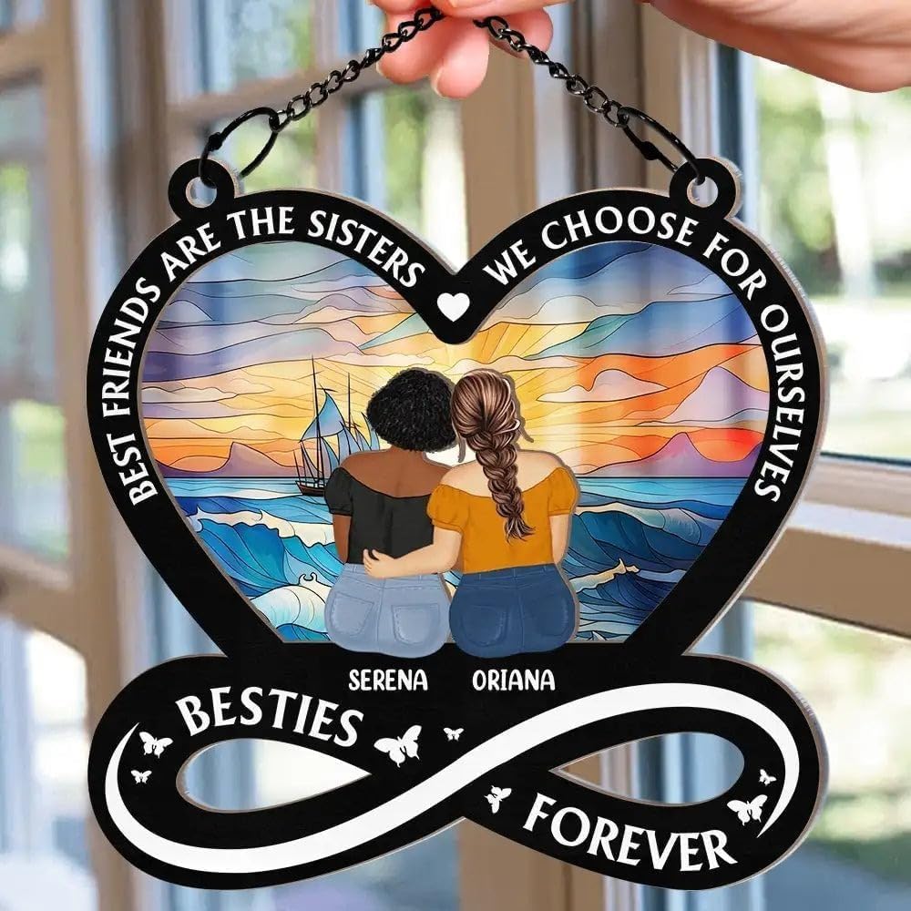Personalized Best Friend Window Suncatcher - Sister by Heart Suncatcher Ornament for Women - Her Best Friend on Birthday, Christmas