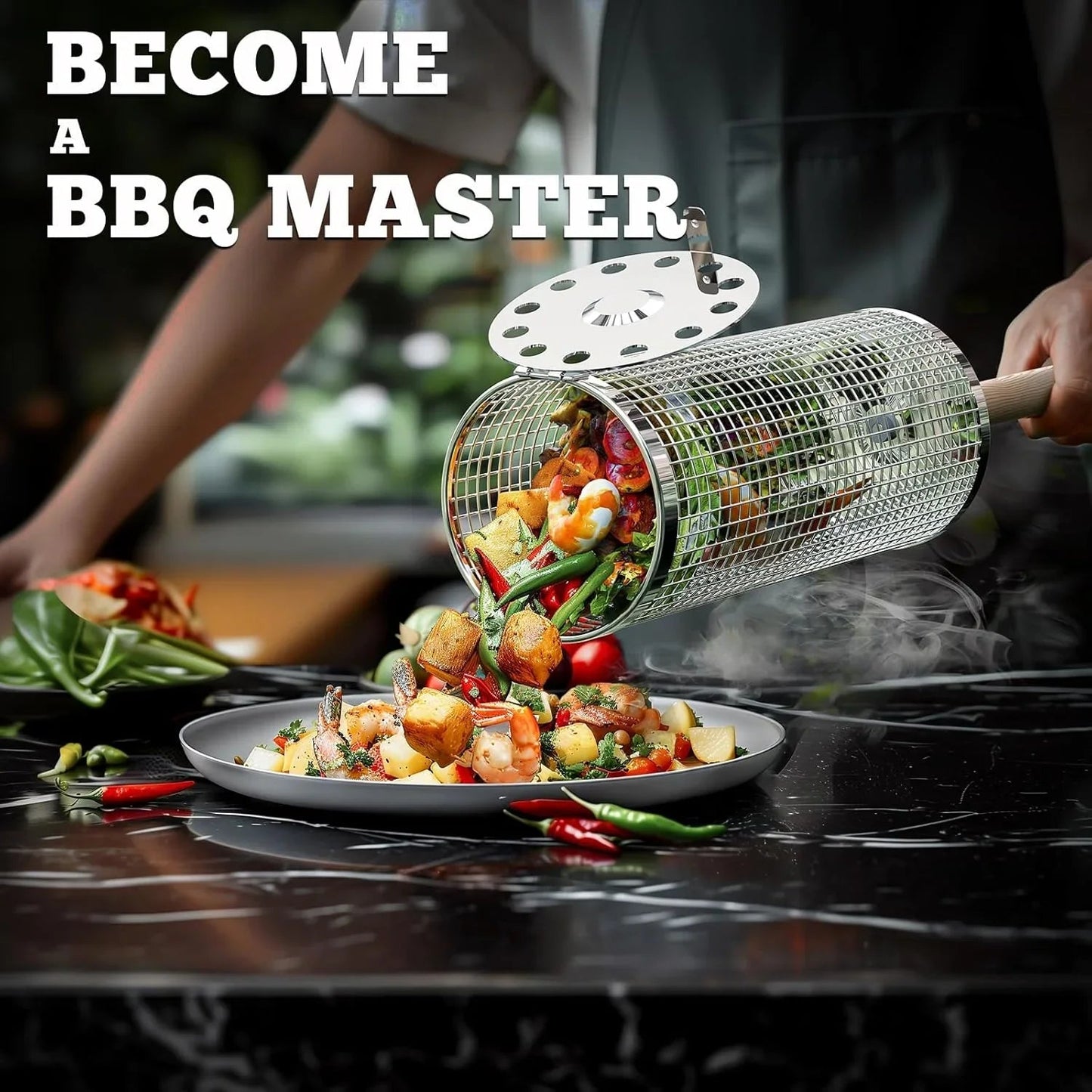 Nesting Grill Baskets (2PCS) with Removable Wooden Handle, Stainless Steel BBQ Tools