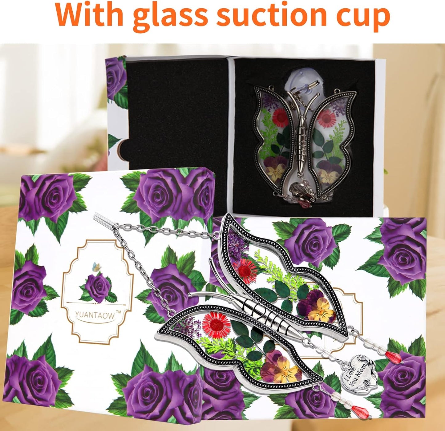 Gifts for Mom I Love You Mom Mother's Day Birthday Gift Butterfly Suncatcher Real Flower Glass Metal Beautifully Handcrafted to Capture The Beauty of Nature
