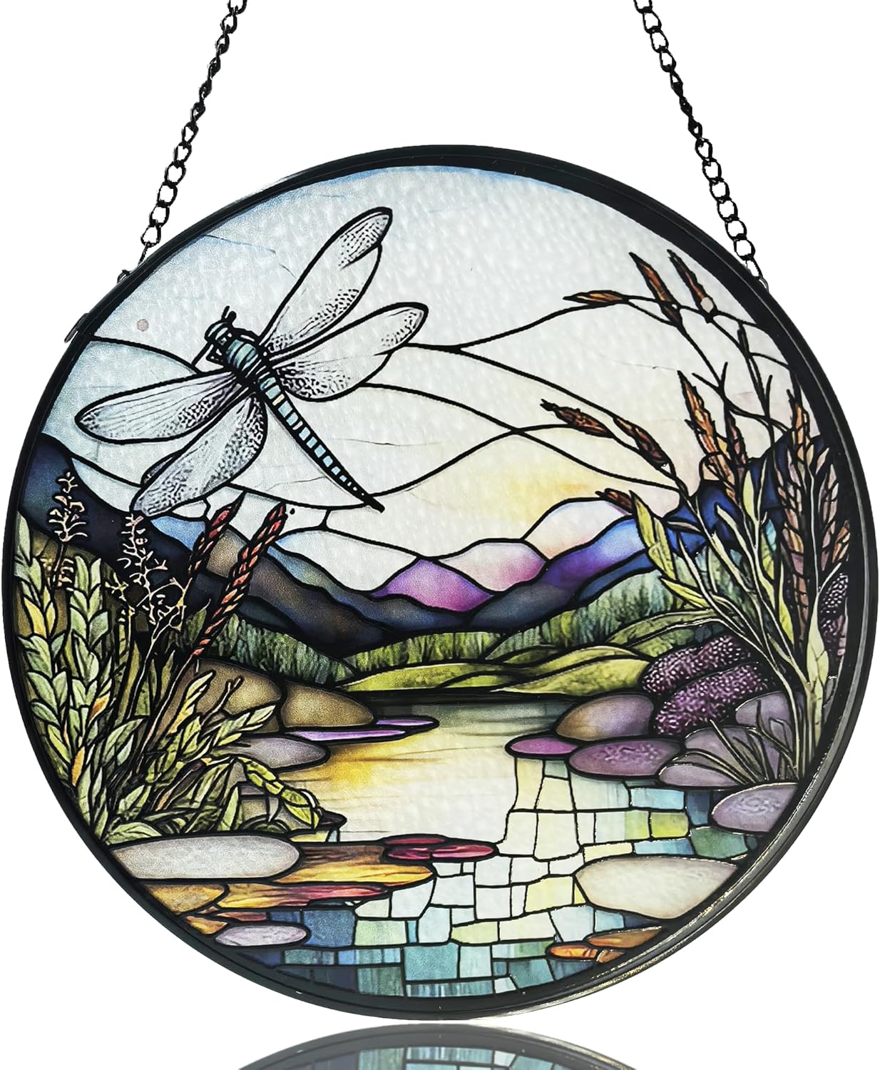 River and Dragonfly Pattern Suncatcher Stained Glass,Hanging Stained Glass for Windows,20cm/7.87inch Hand-Painted Sun Catcher, 9.8 inch