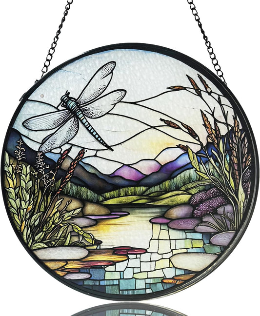 River and Dragonfly Pattern Suncatcher Stained Glass,Hanging Stained Glass for Windows,20cm/7.87inch Hand-Painted Sun Catcher, 9.8 inch
