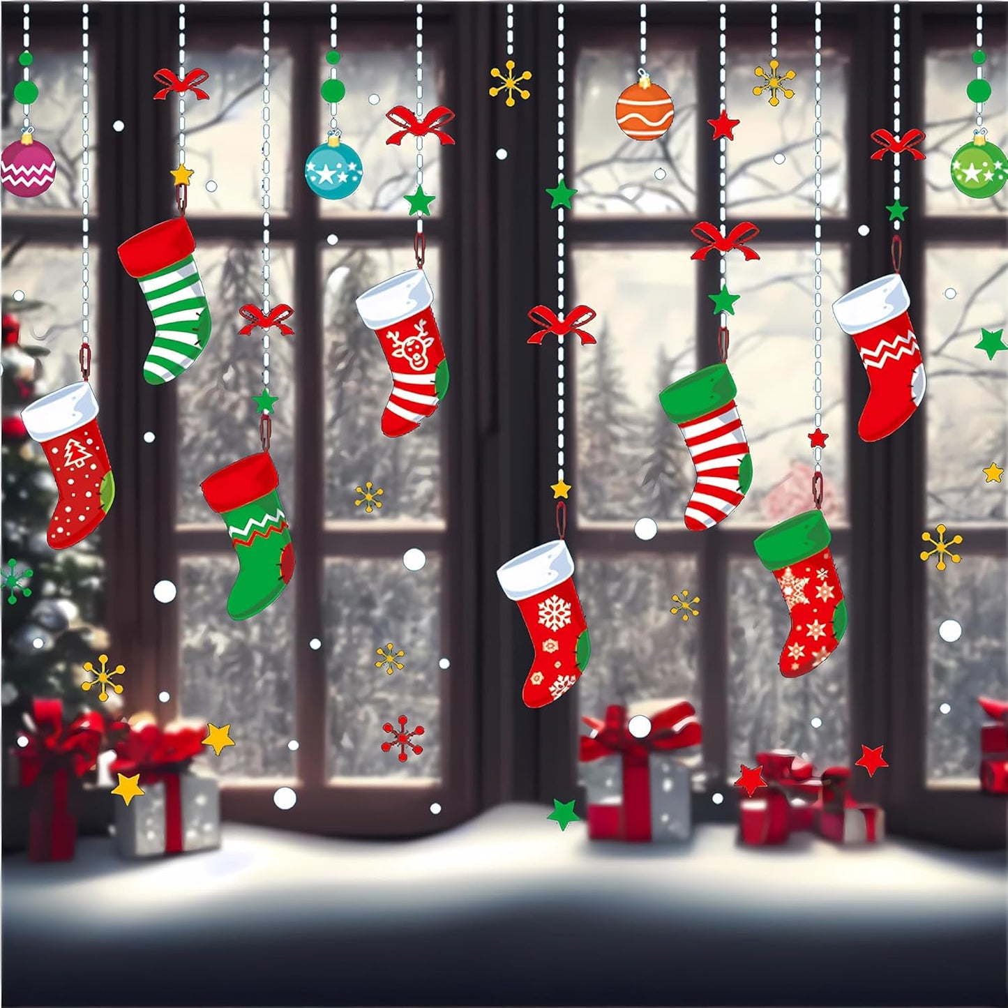 ONDY Merry Christmas Garter Window Glass Decoration Stickers 2026 New Holiday Removable Dress Up DIY Static Window Clings Decals for Living Room Bedroom Shop Windows