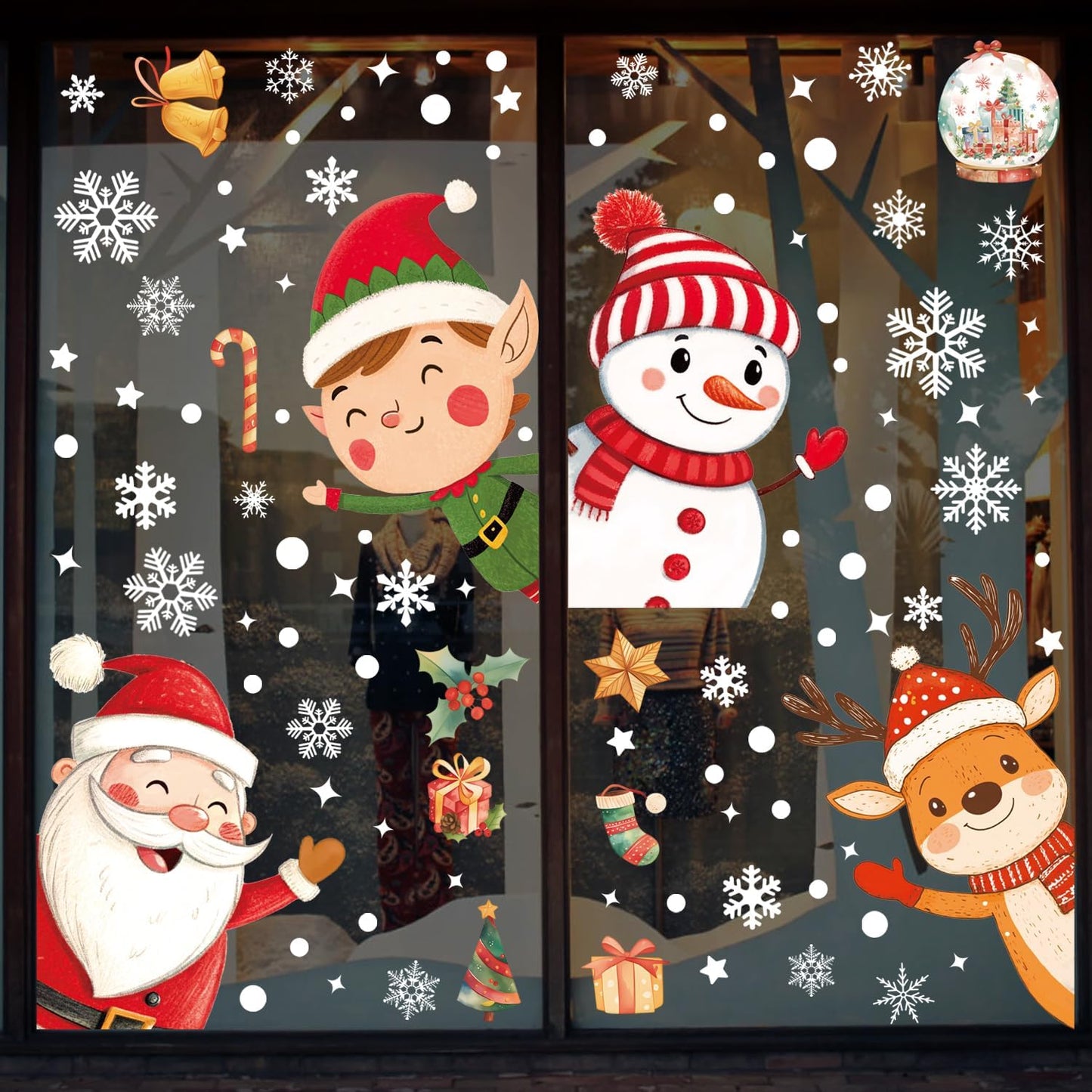 102PCS Christmas Window Stickers for Glass Windows,Double Sided Snowflakes Xmas Window Clings,Reusable Static Santa Claus Reindeer Snowman Christmas Decals,Winter & Holiday Decorations