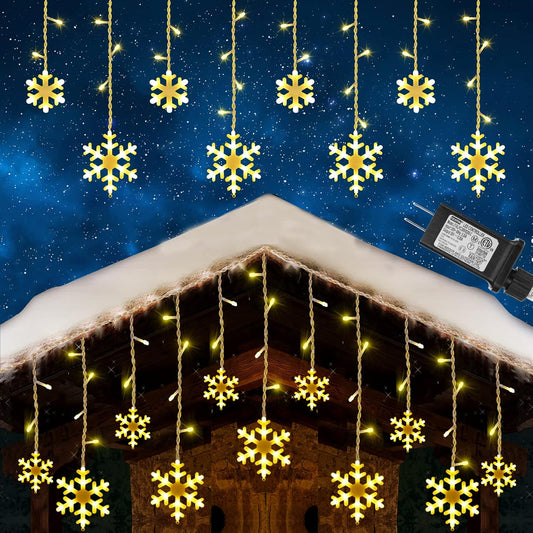 Toodour Christmas Snowflake Lights Outdoor, 17.22ft 264 LED Snowflake Icicle Lights with 22 Drops, Connectable, 8 Modes Waterproof Warm White Christmas Light for Curtain, Eaves, Window, Xmas Decor