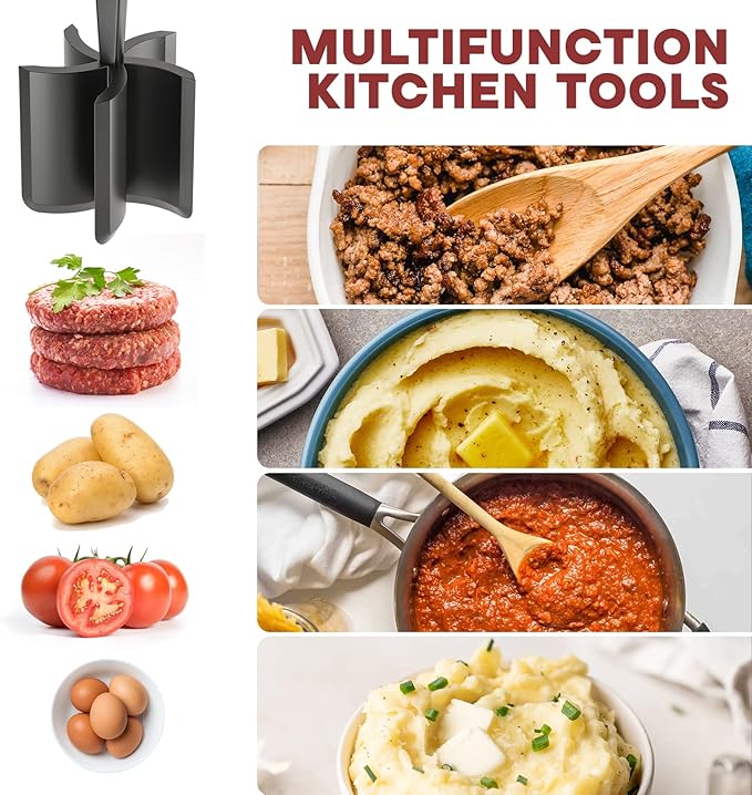 Meat Chopper, Hamburger Grinder, Premium Heat Resistant Smasher for Ground Beef, Burger Grinder Nylon Potato Mix Tool-Black