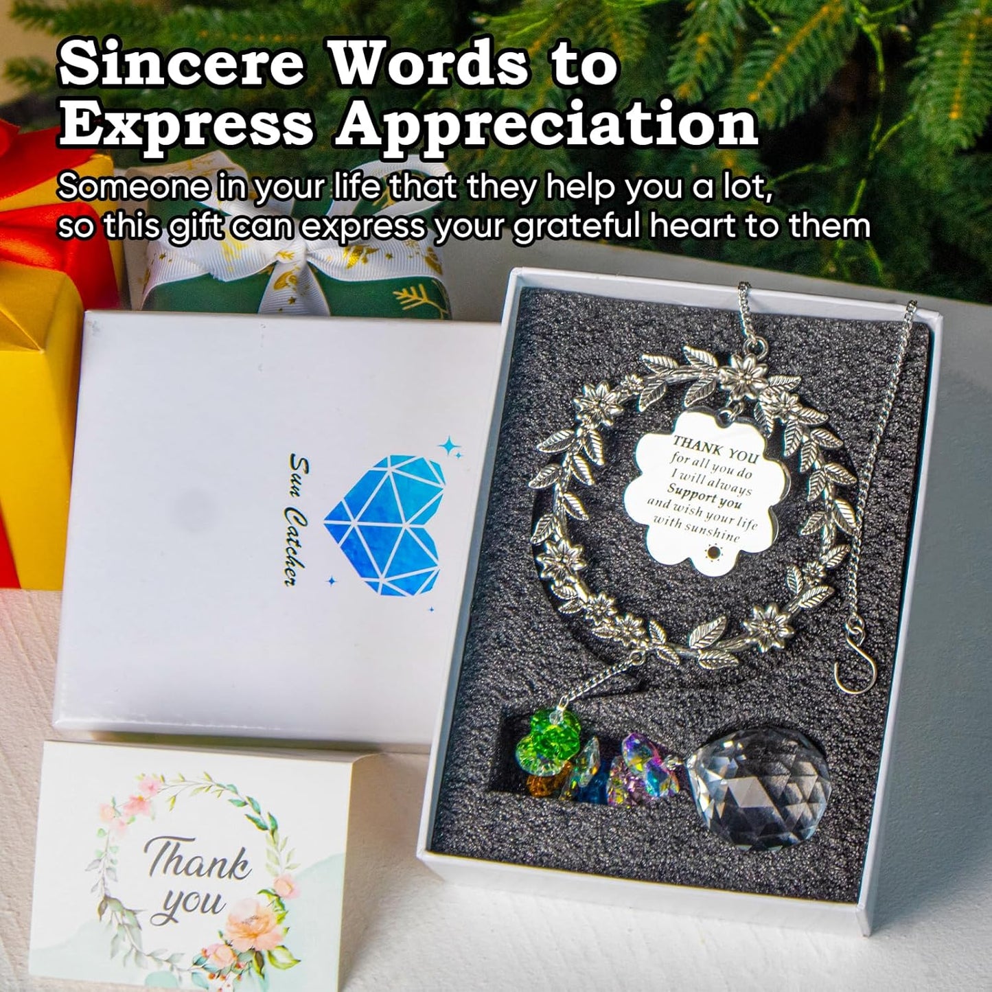 Thank You Gifts for Women Men, Sun Catcher Gift with Engraved Grateful Message, Hanging Crystal Suncatcher Ornament for Window Rainbow Maker, for Sister Friend Family Teacher