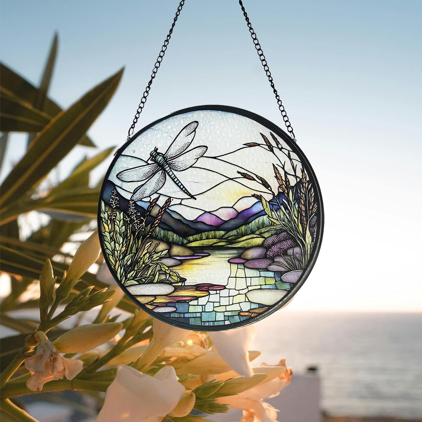 River and Dragonfly Pattern Suncatcher Stained Glass,Hanging Stained Glass for Windows,20cm/7.87inch Hand-Painted Sun Catcher, 9.8 inch