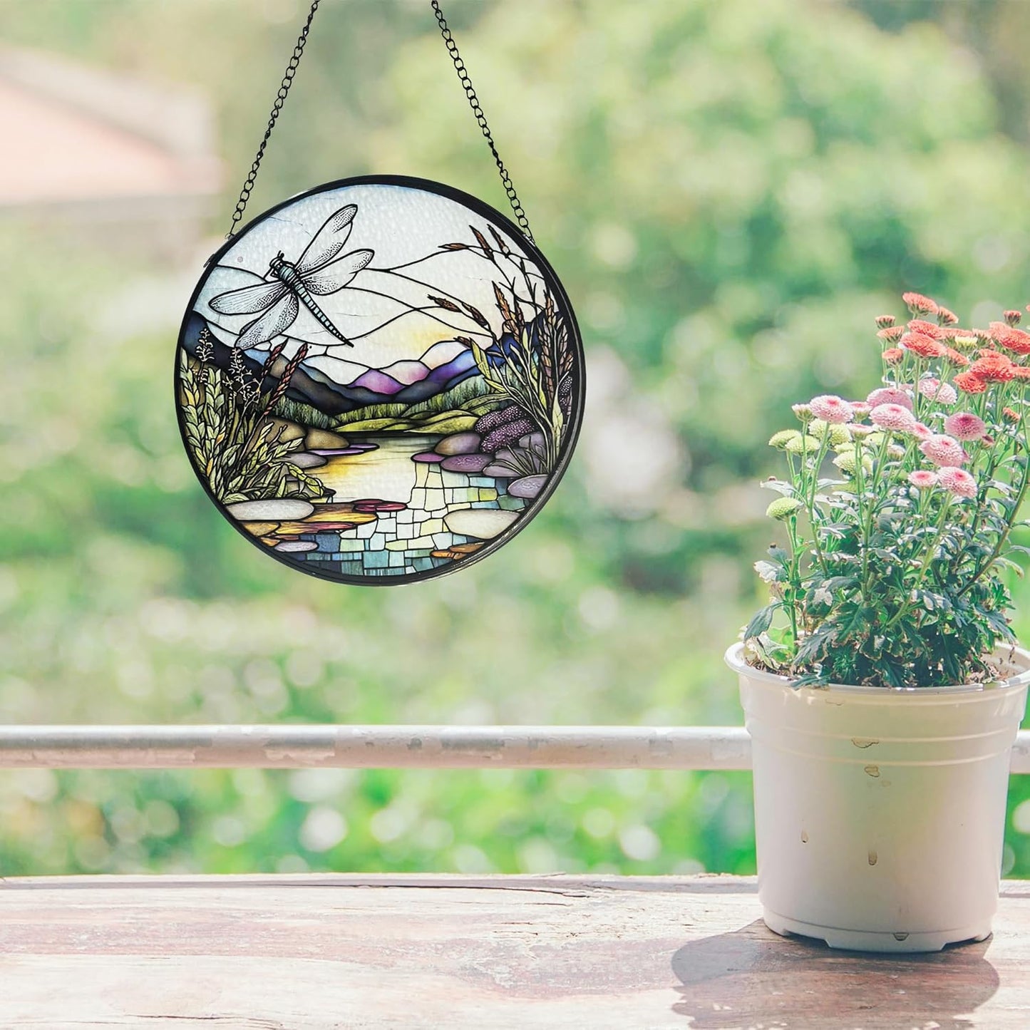 River and Dragonfly Pattern Suncatcher Stained Glass,Hanging Stained Glass for Windows,20cm/7.87inch Hand-Painted Sun Catcher, 9.8 inch