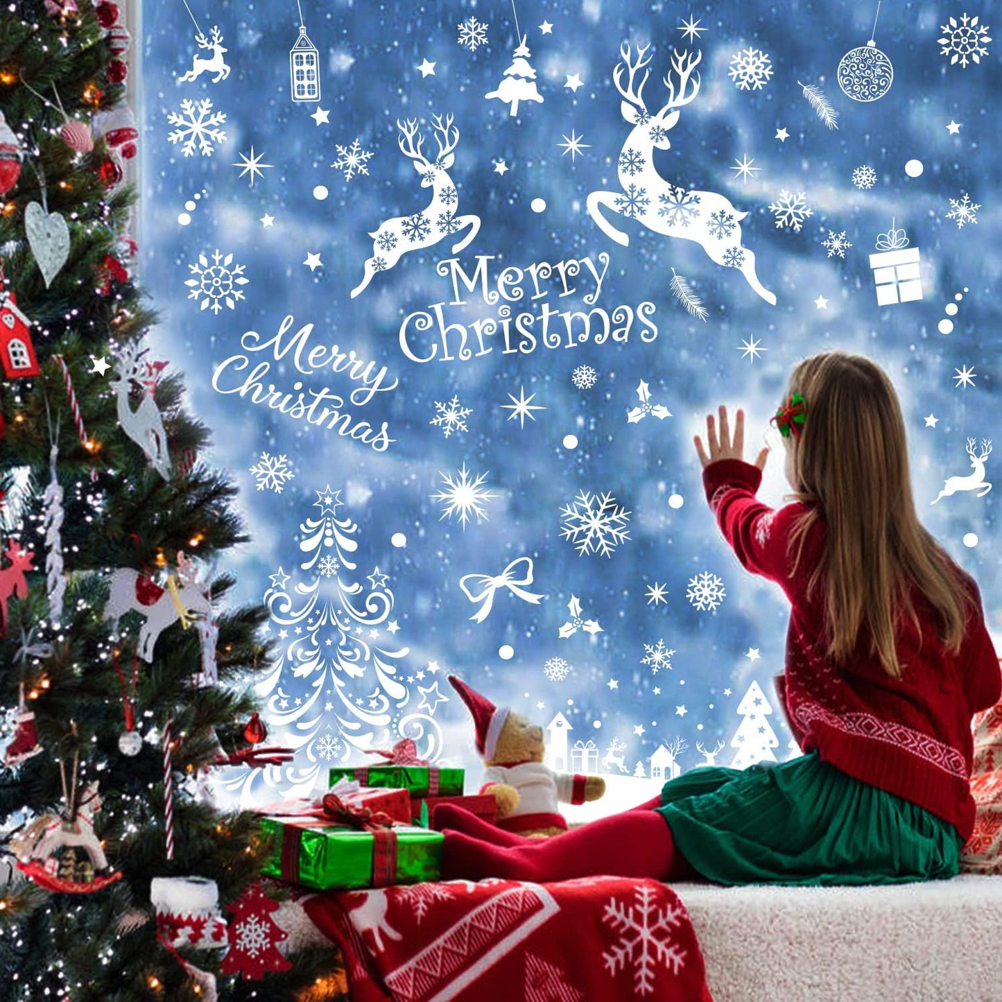 Large Christmas Window Clings, Xmas Window Stickers Holiday Santa Claus Reindeer Snowflakes Decal Decorations Double Sided for Glass Windows