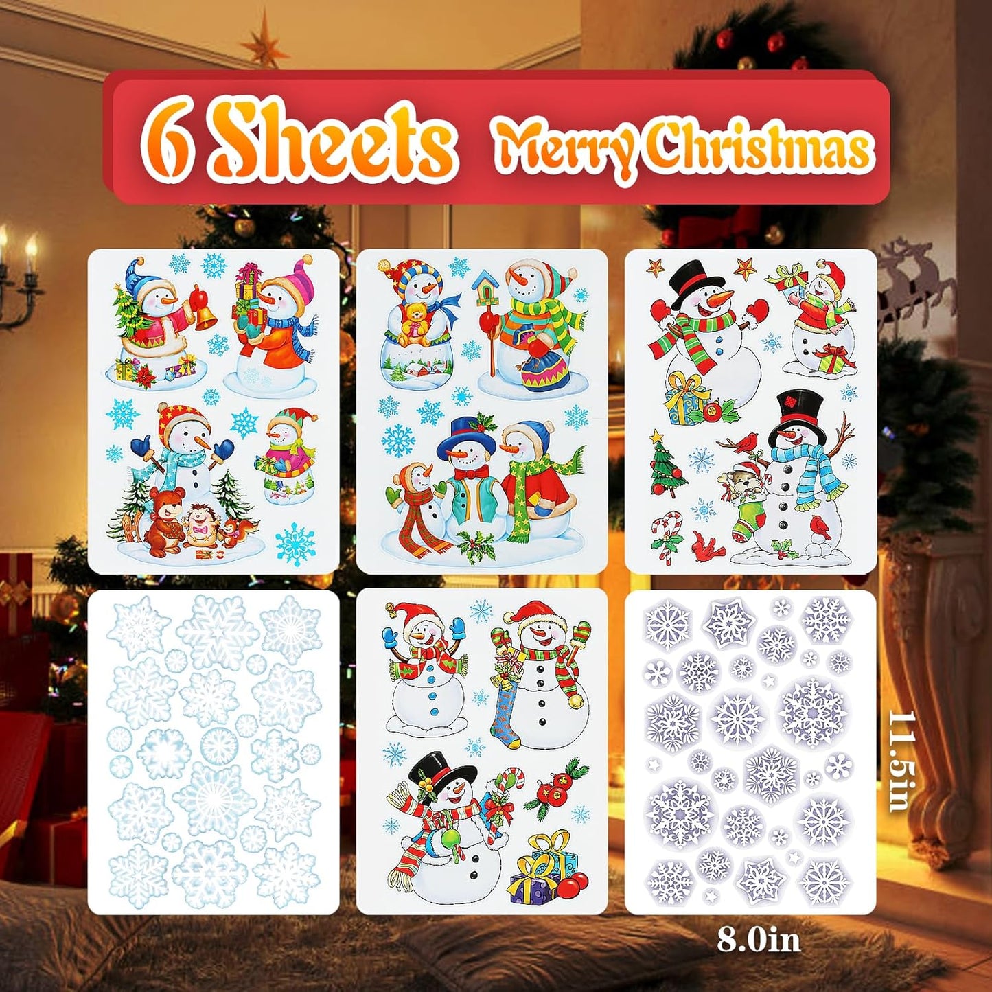 6 Sheets Christmas Window Clings Double-Sided Snowman & Snowflake Decorations for Glass Windows Reusable Snowman Christmas Window Stickers for Glass Peel & Stick Holiday Decals for Home Party Decor