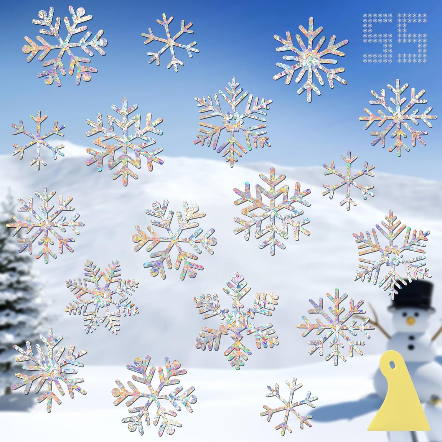Snowflake Stickers, DELLAN 55 Christmas Window Clings Winter Decoration for Glass Windows, Decals for Bird Strike