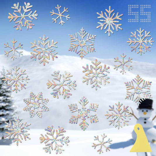Snowflake Stickers, DELLAN 55 Christmas Window Clings Winter Decoration for Glass Windows, Decals for Bird Strike