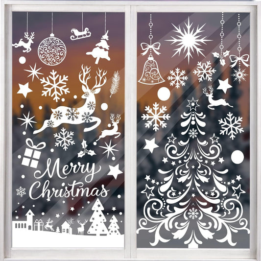 Large Christmas Window Clings, Xmas Window Stickers Holiday Santa Claus Reindeer Snowflakes Decal Decorations Double Sided for Glass Windows