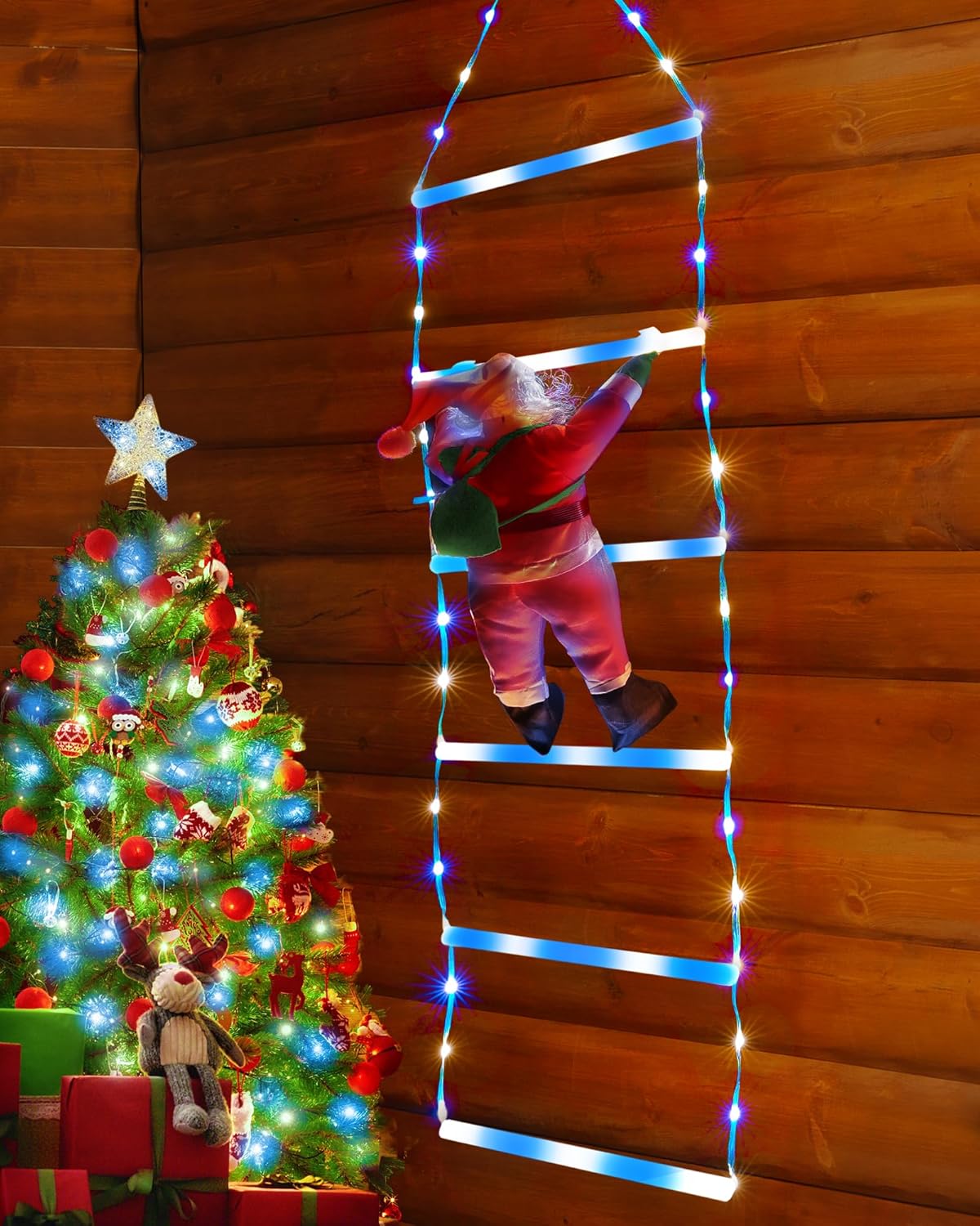 Toodour LED Christmas Lights - 10ft Christmas Decorative Ladder Lights with Santa Claus, Xmas Decorations Light for Indoor Outdoor, Window, Garden, Home, Wall, Xmas Tree Decor - Warm White