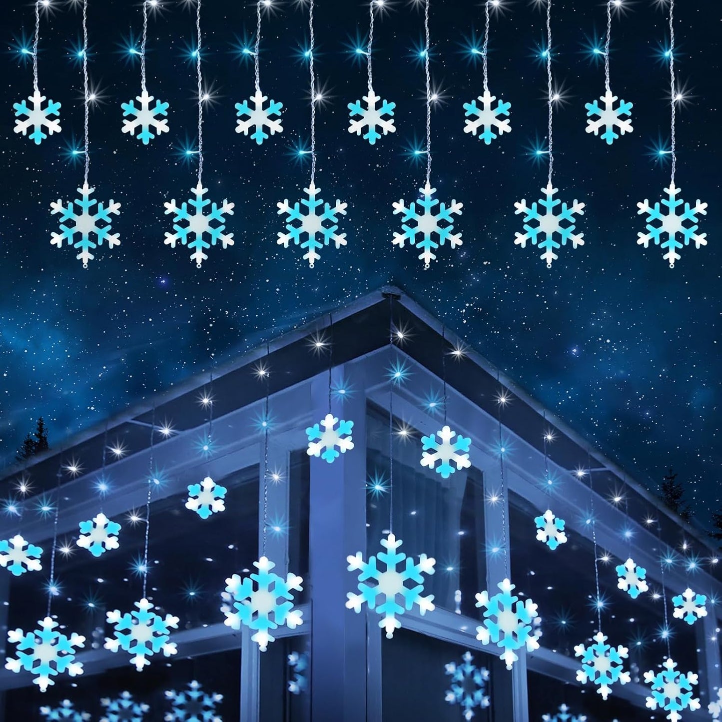 Toodour Christmas Snowflake Lights Outdoor, 17.22ft 264 LED Snowflake Icicle Lights with 22 Drops, Connectable, 8 Modes Waterproof Warm White Christmas Light for Curtain, Eaves, Window, Xmas Decor