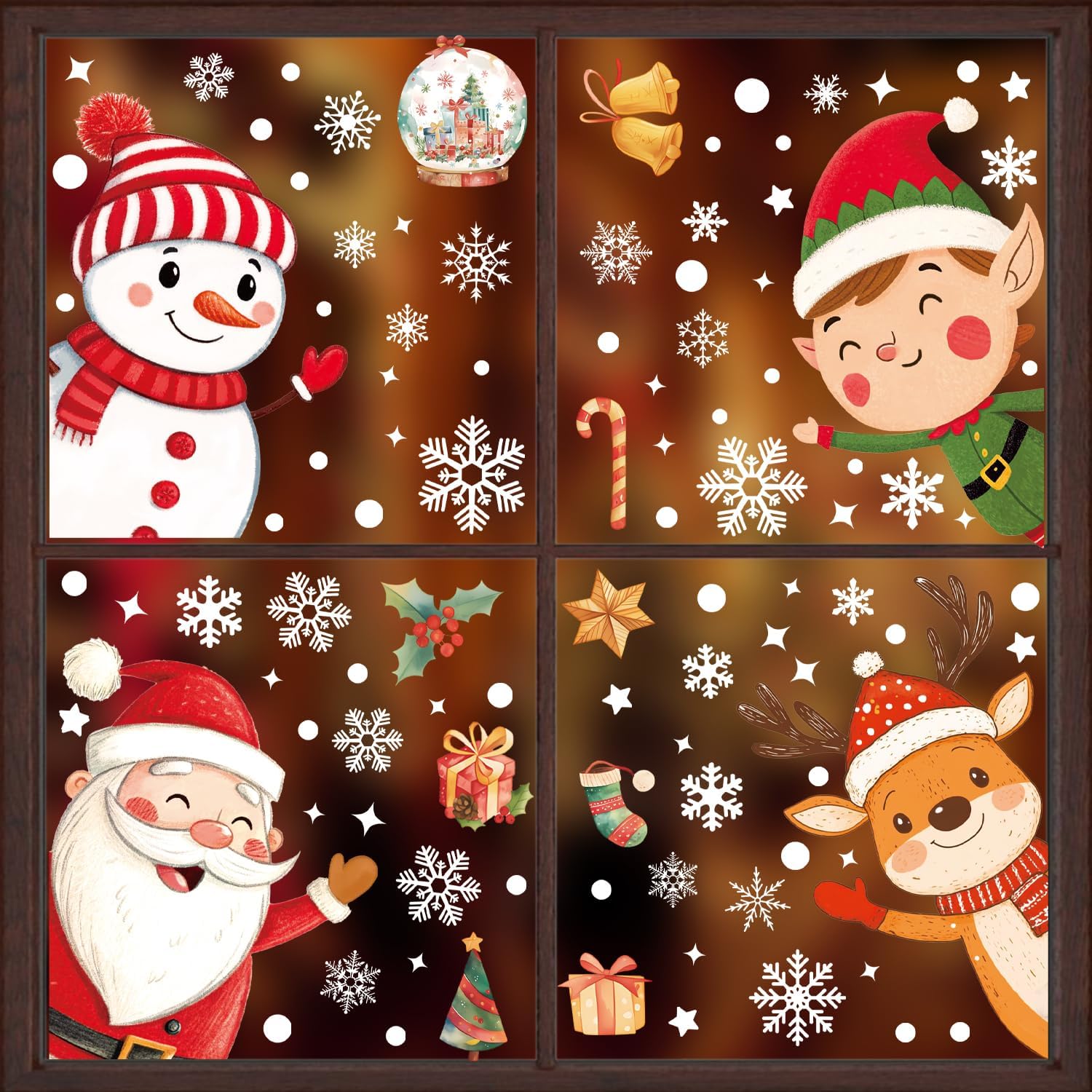 102PCS Christmas Window Stickers for Glass Windows,Double Sided Snowflakes Xmas Window Clings,Reusable Static Santa Claus Reindeer Snowman Christmas Decals,Winter & Holiday Decorations