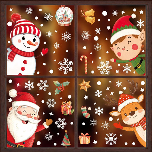 102PCS Christmas Window Stickers for Glass Windows,Double Sided Snowflakes Xmas Window Clings,Reusable Static Santa Claus Reindeer Snowman Christmas Decals,Winter & Holiday Decorations