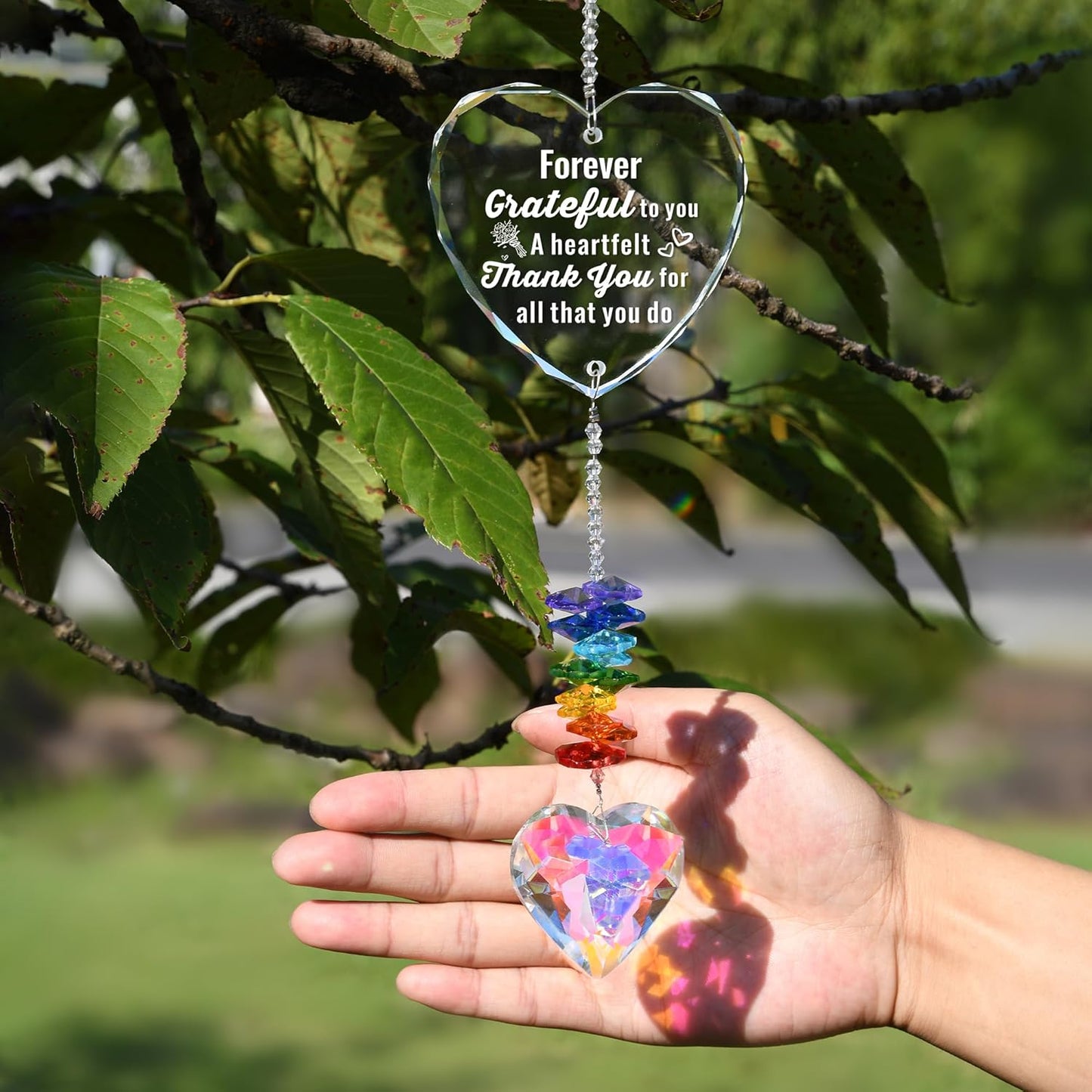 Crystal Heart Suncatcher with Engraved Thank You Message, Window Hanging Crystal Prism Sun Catcher Rainbow Maker, Appreciation Gratitude Gifts for Women Men Teacher Nurse Coworker