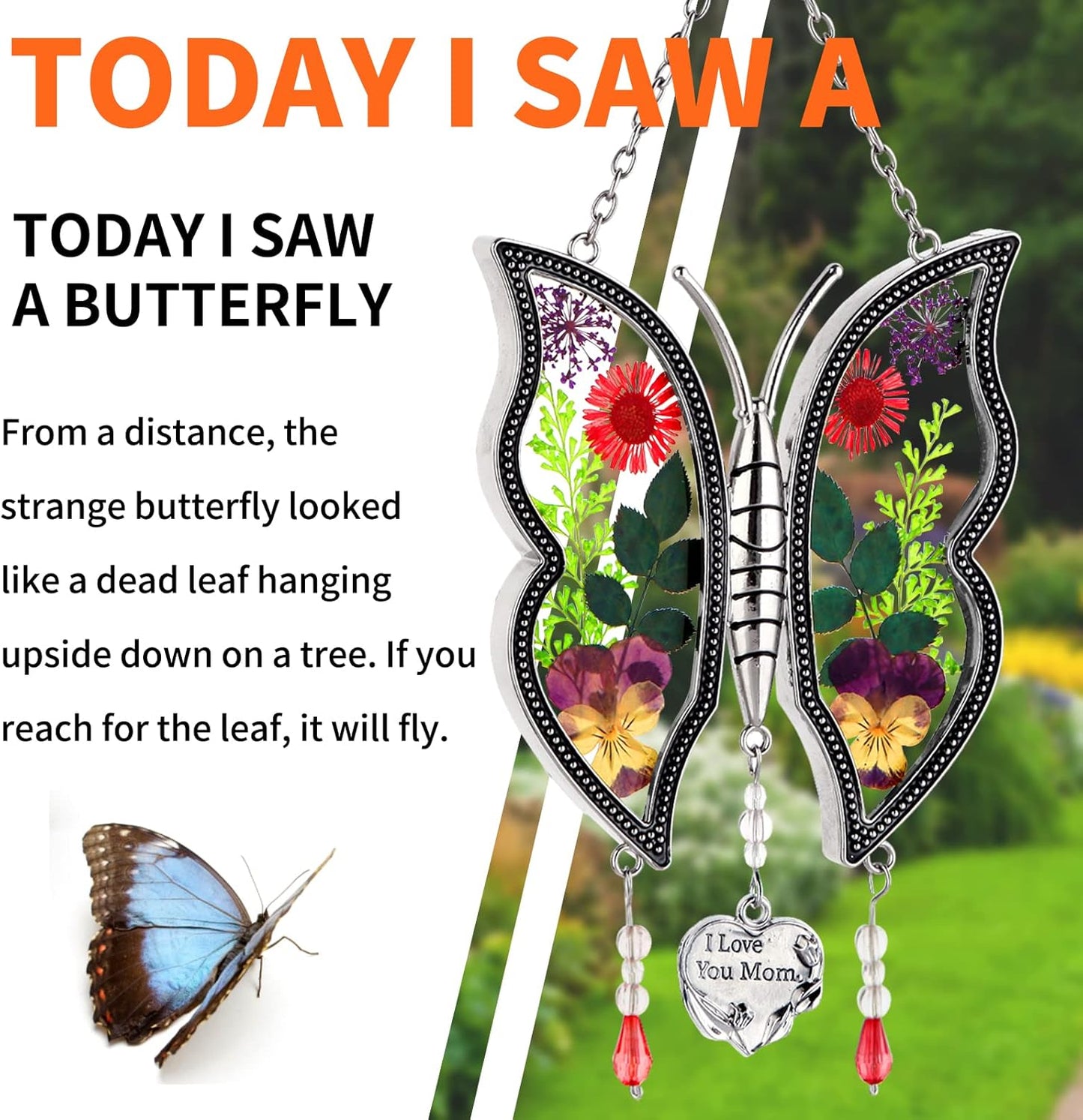 Gifts for Mom I Love You Mom Mother's Day Birthday Gift Butterfly Suncatcher Real Flower Glass Metal Beautifully Handcrafted to Capture The Beauty of Nature