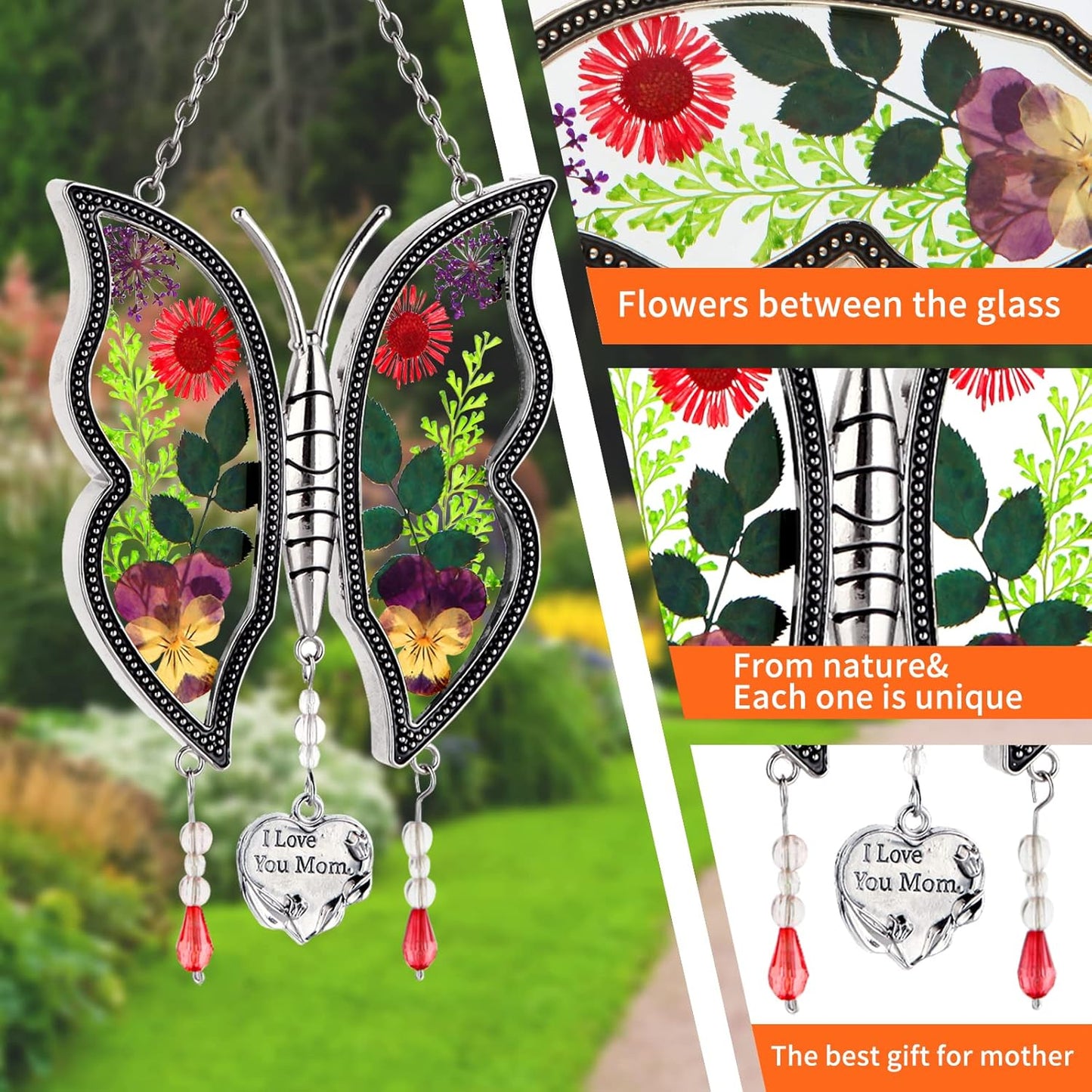 Gifts for Mom I Love You Mom Mother's Day Birthday Gift Butterfly Suncatcher Real Flower Glass Metal Beautifully Handcrafted to Capture The Beauty of Nature