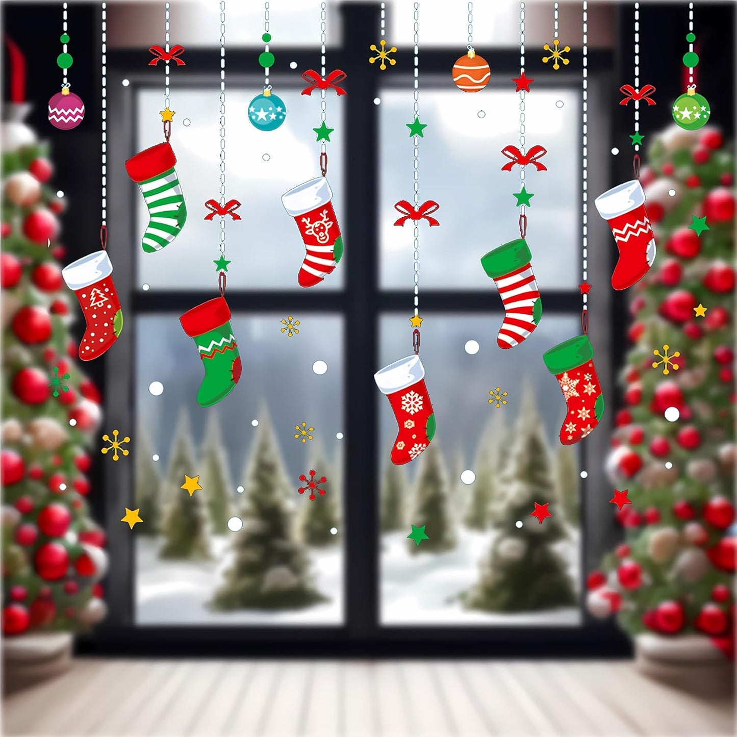 ONDY Merry Christmas Garter Window Glass Decoration Stickers 2026 New Holiday Removable Dress Up DIY Static Window Clings Decals for Living Room Bedroom Shop Windows