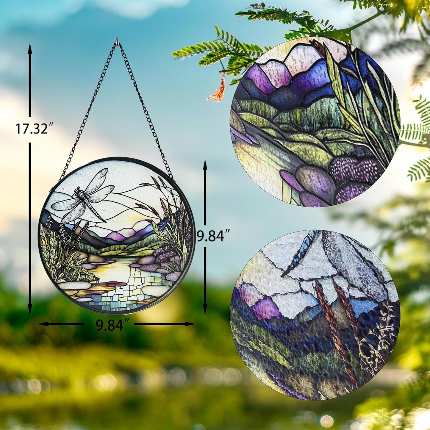 River and Dragonfly Pattern Suncatcher Stained Glass,Hanging Stained Glass for Windows,20cm/7.87inch Hand-Painted Sun Catcher, 9.8 inch