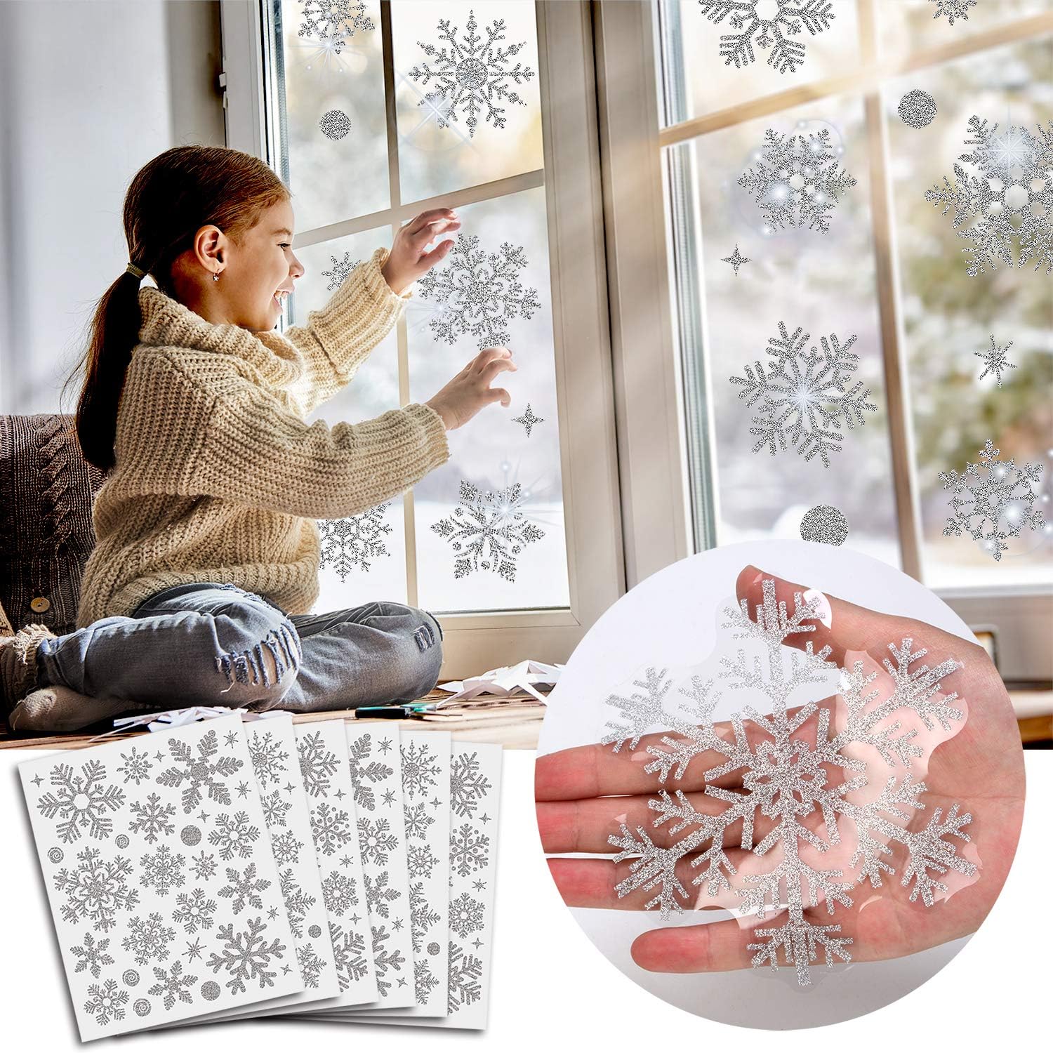 Glitter Snowflake Window Clings Christmas Window Decals for Glass Winter Xmas Navidad Decorations 190 Pcs (Sliver)