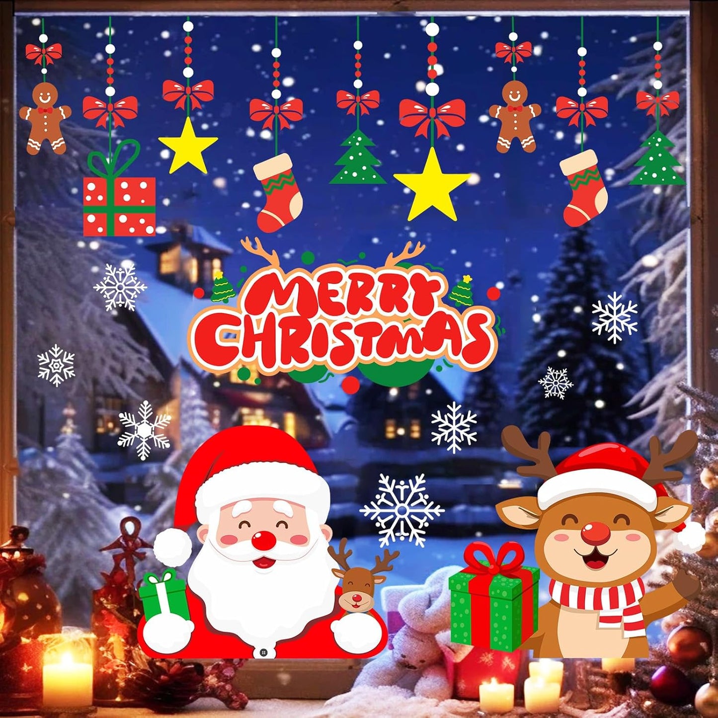 T&W SAME FILM 71 PCS Christmas Window Clings Stickers for Glass, Window, Car Decor, Xmas Decals Decorations Holiday Snowflake Santa Claus Reindeer Decals for Party, Reusable