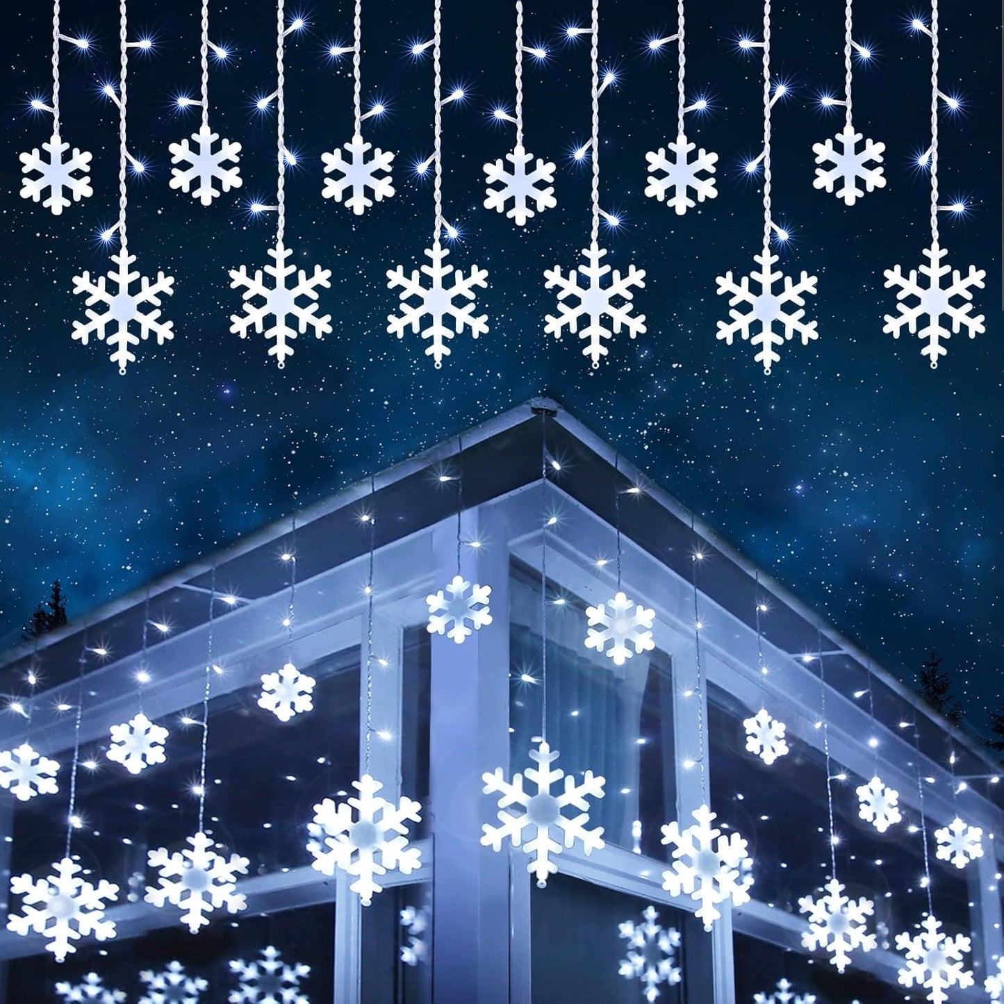 Toodour Christmas Snowflake Lights Outdoor, 17.22ft 264 LED Snowflake Icicle Lights with 22 Drops, Connectable, 8 Modes Waterproof Warm White Christmas Light for Curtain, Eaves, Window, Xmas Decor