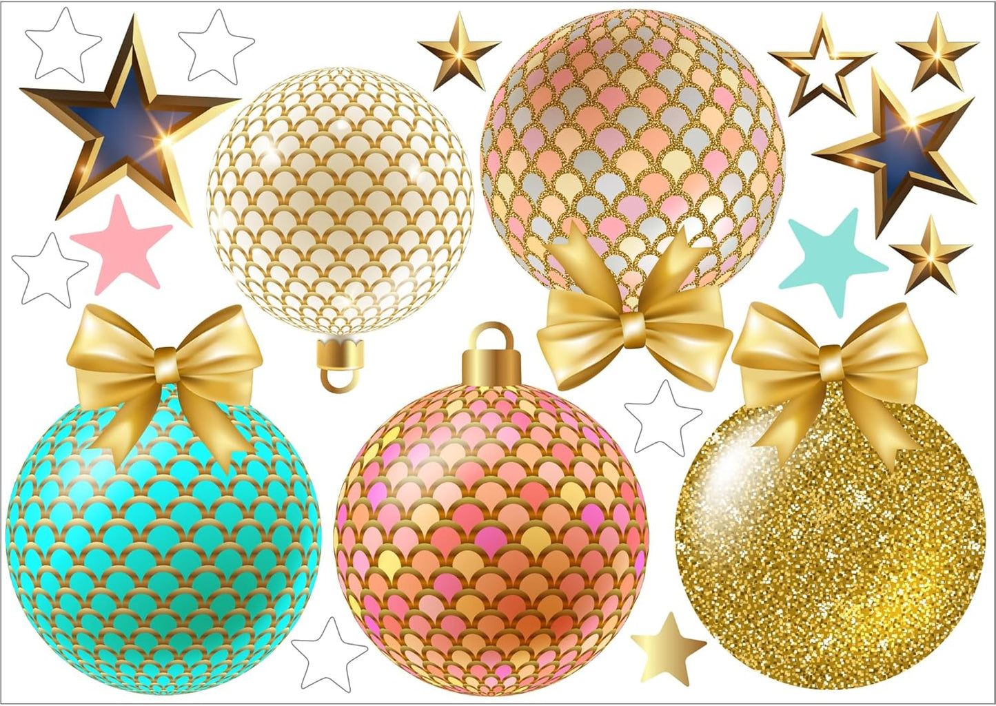 Christmas Bauble Snowflakes Window Decals Stickers for Glass, Large Xmas Designs Home Decorations Holiday Bling, DIY Mural Showcase for Office Business, Pastel Glossy Vinyl Decorations